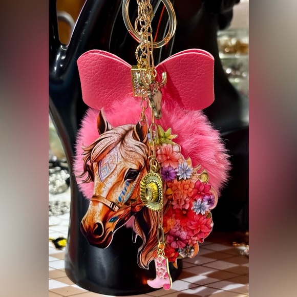 Pink and Gold bag charm with a western style horse Bow and Pom-Pom Charm - Picture 1 of 6